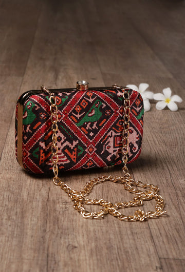Tia Black & Multi Patola Print Rectangular Box Clutch